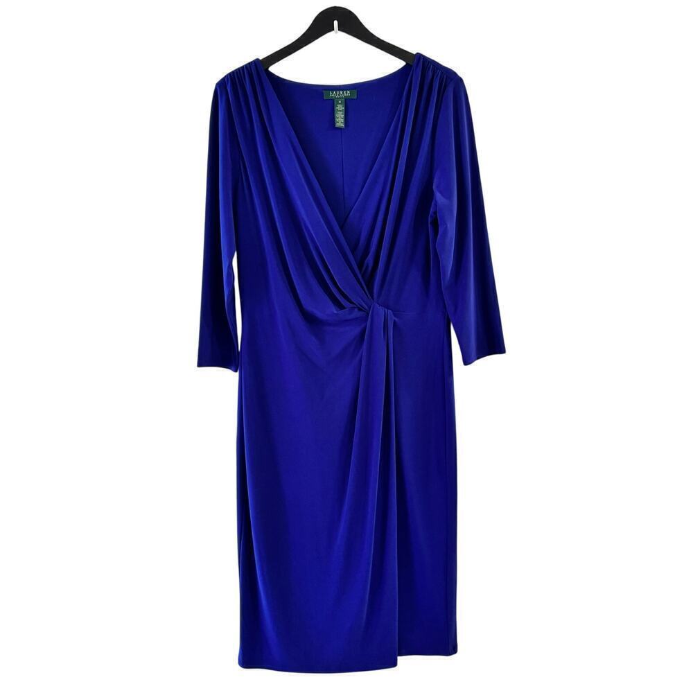Ralph Lauren Royal Blue Ruched Long Sleeve V Neck Stretch Jersey Dress Size 14